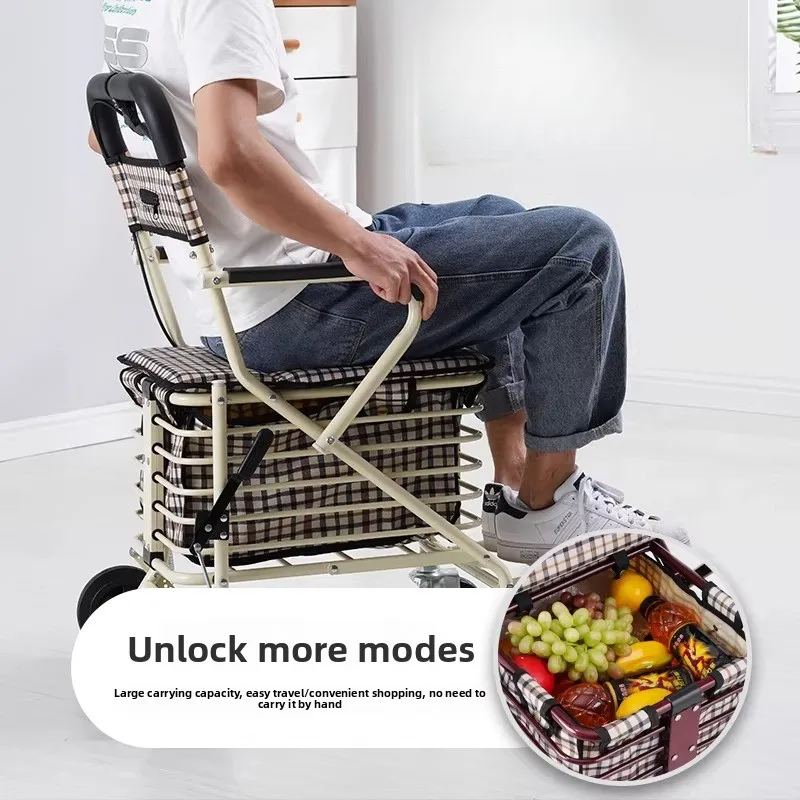 Foldable Shopping Trolley with Seat for Elderly, 4-Wheel Walker and Mobility Scooter, Portable Cart for Grocery - الصورة 3