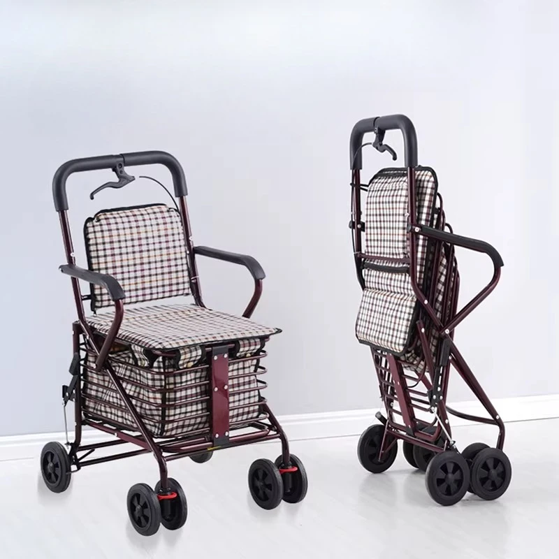 Foldable Shopping Trolley with Seat for Elderly, 4-Wheel Walker and Mobility Scooter, Portable Cart for Grocery - الصورة 2