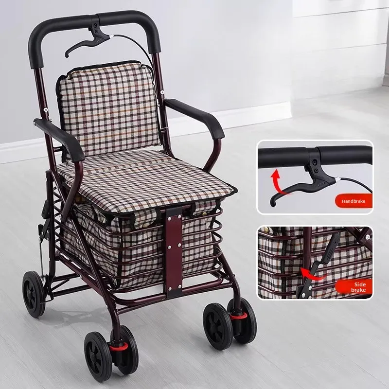 Foldable Shopping Trolley with Seat for Elderly, 4-Wheel Walker and Mobility Scooter, Portable Cart for Grocery - الصورة 4