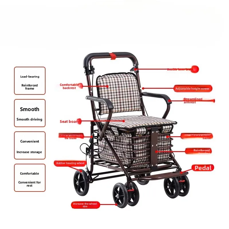 Foldable Shopping Trolley with Seat for Elderly, 4-Wheel Walker and Mobility Scooter, Portable Cart for Grocery - الصورة 5
