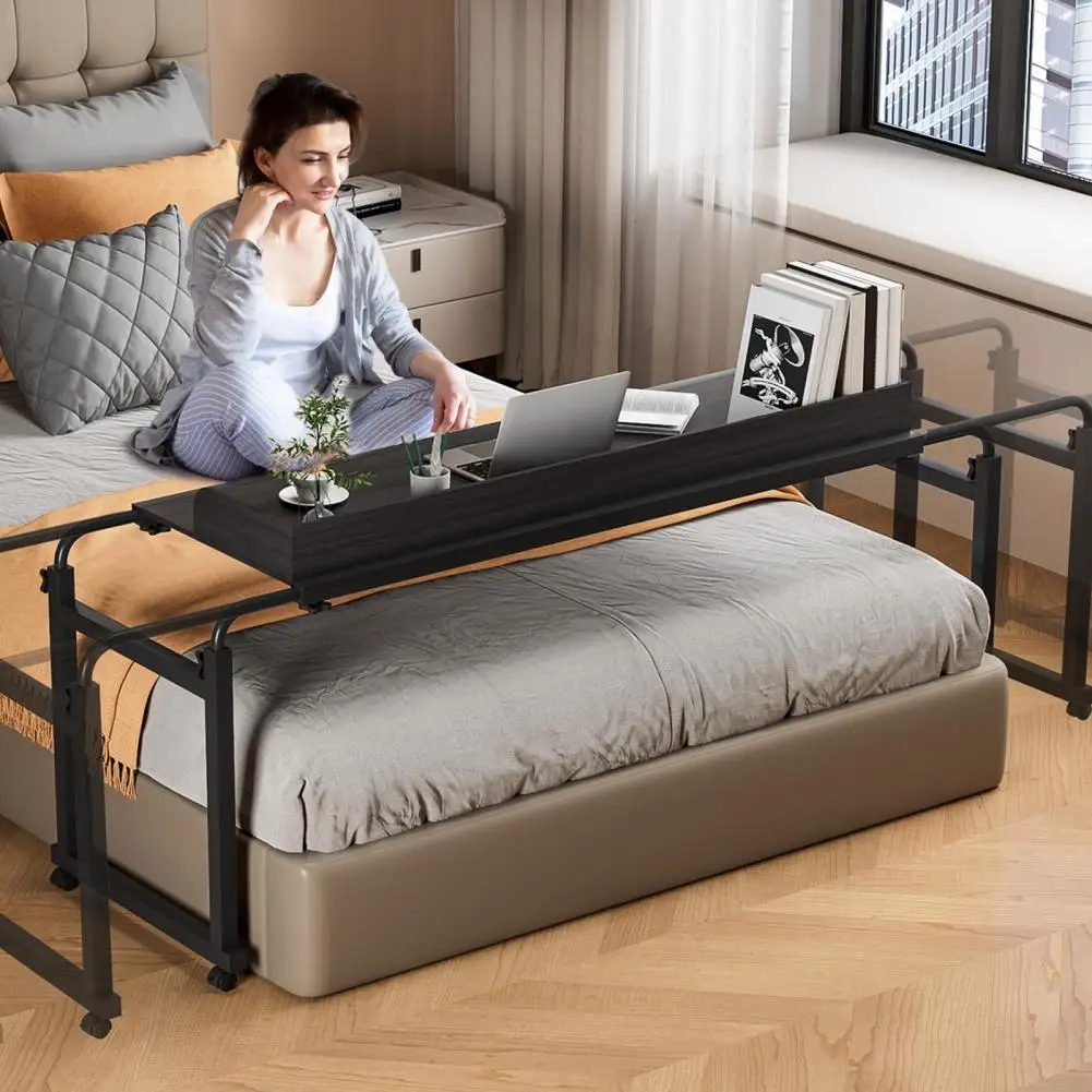 Overbed Table, 120x40CM Height Adjustable Bed Desk With Wheels, Carbon Steel Rolling Over-the-Bed Laptop Desk With Raised Baffle - الصورة 2